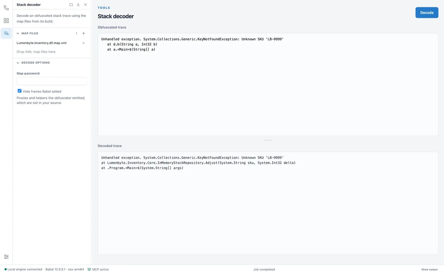 The Babel Desktop stack decoder with a fictional stack trace