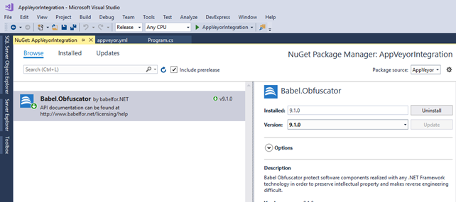 Add Babel Obfuscator NuGet