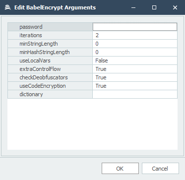 BabelEncrypt plugin arguments dialog